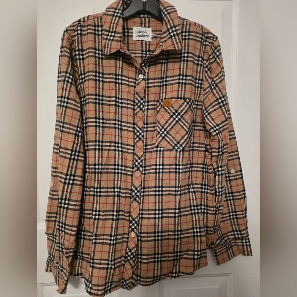 Simply Southern Beige and Black Plaid Shirt